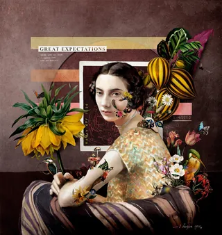 Portrait of woman with flowers, insects, and surreal plant elements