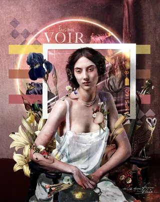 Woman in white dress surrounded by flowers and abstract shapes