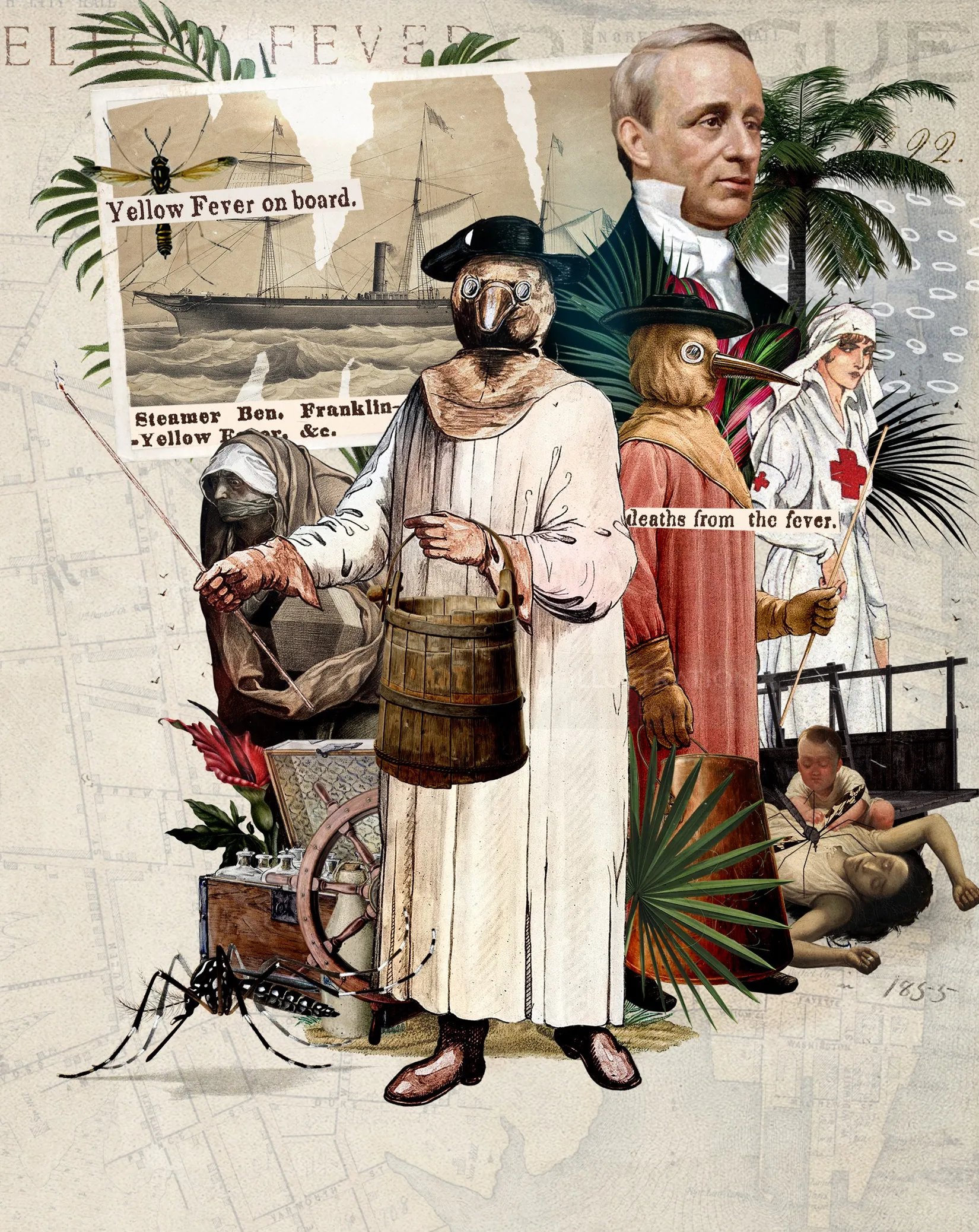 Collage histórico con Ben Franklin, barcos y figuras con atuendos vintage.