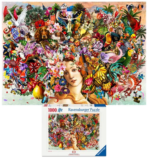 Farbenfrohe Collage aus Tieren und Naturmotiven, die in Puzzle-Technik das Haar einer Frau formen