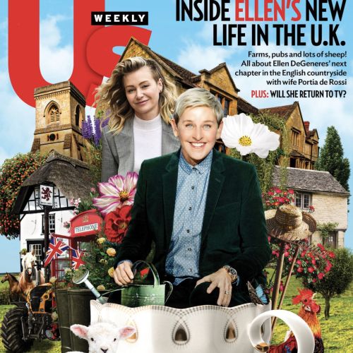 Ellen DeGeneres smiling in UK garden with oversized tea cup and lamb