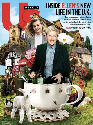 Ellen DeGeneres smiling in UK garden with oversized tea cup and lamb