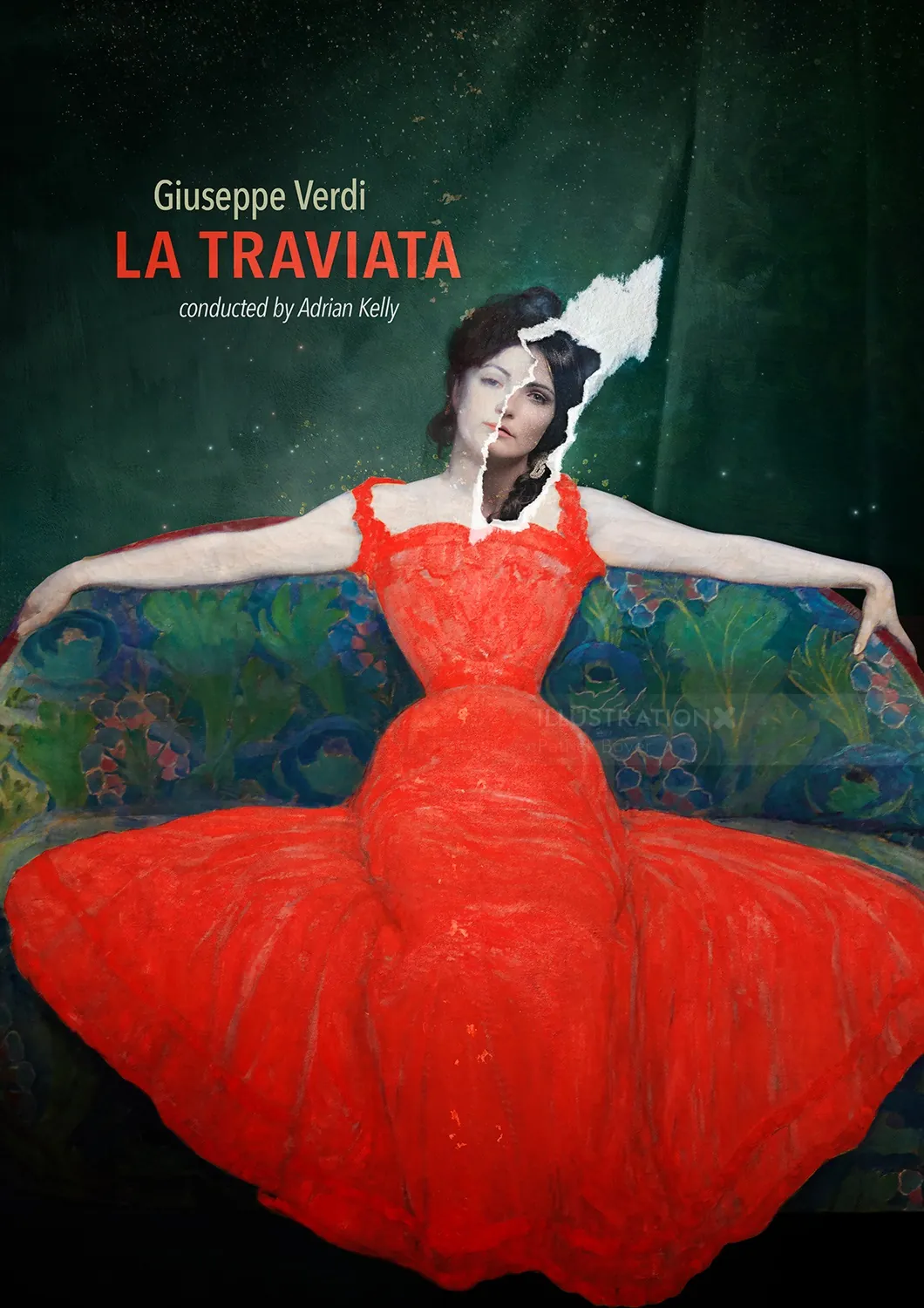 Mujer con vestido rojo sentada con los brazos extendidos, portada de La Traviata de Patrick Boyer
