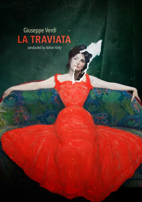 Frau im roten Kleid, sitzend mit ausgestreckten Armen, Cover von La Traviata von Patrick Boyer