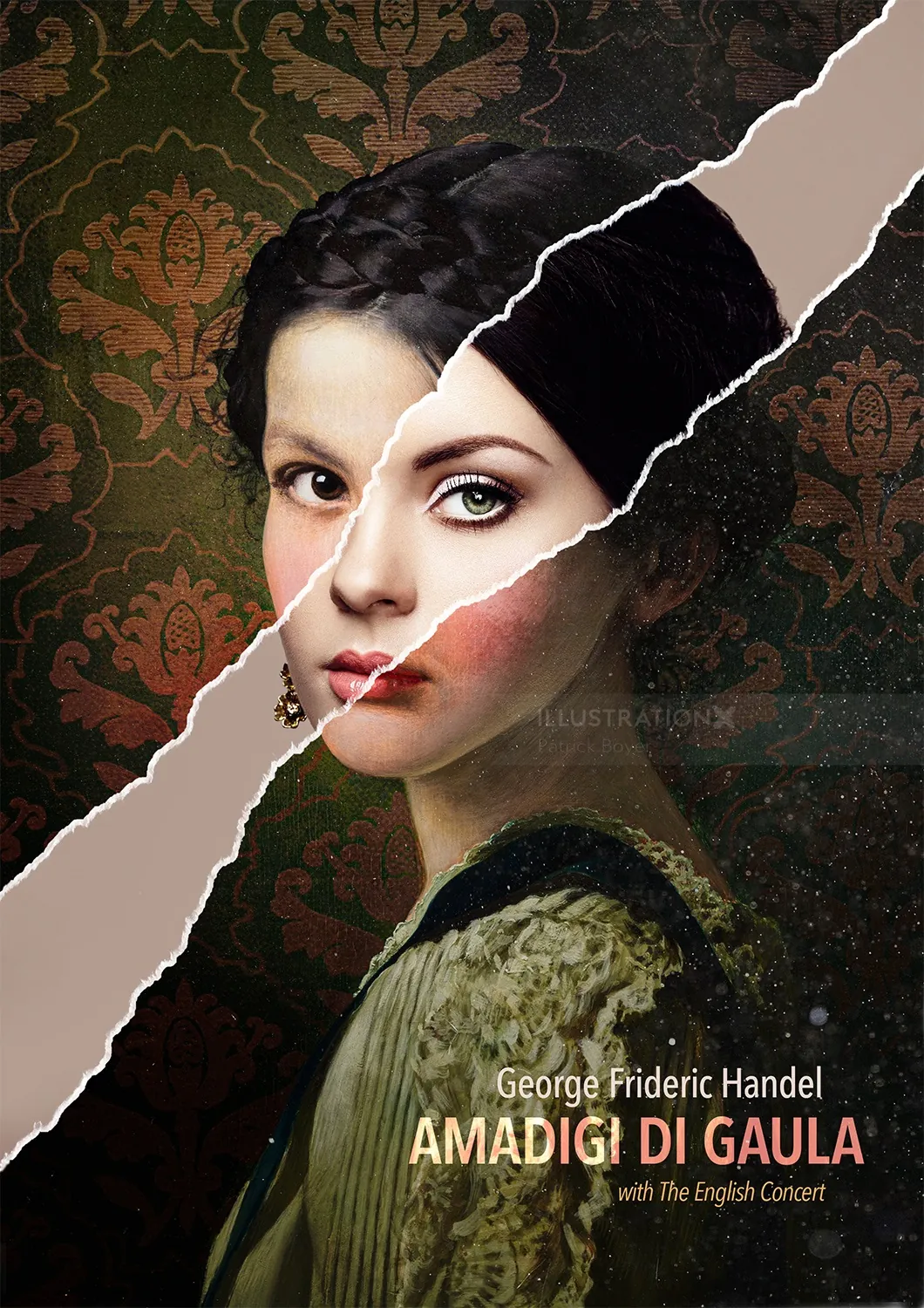 Retrato de mujer de dos caras desgarradas, póster de ópera surrealista de Patrick Boyer
