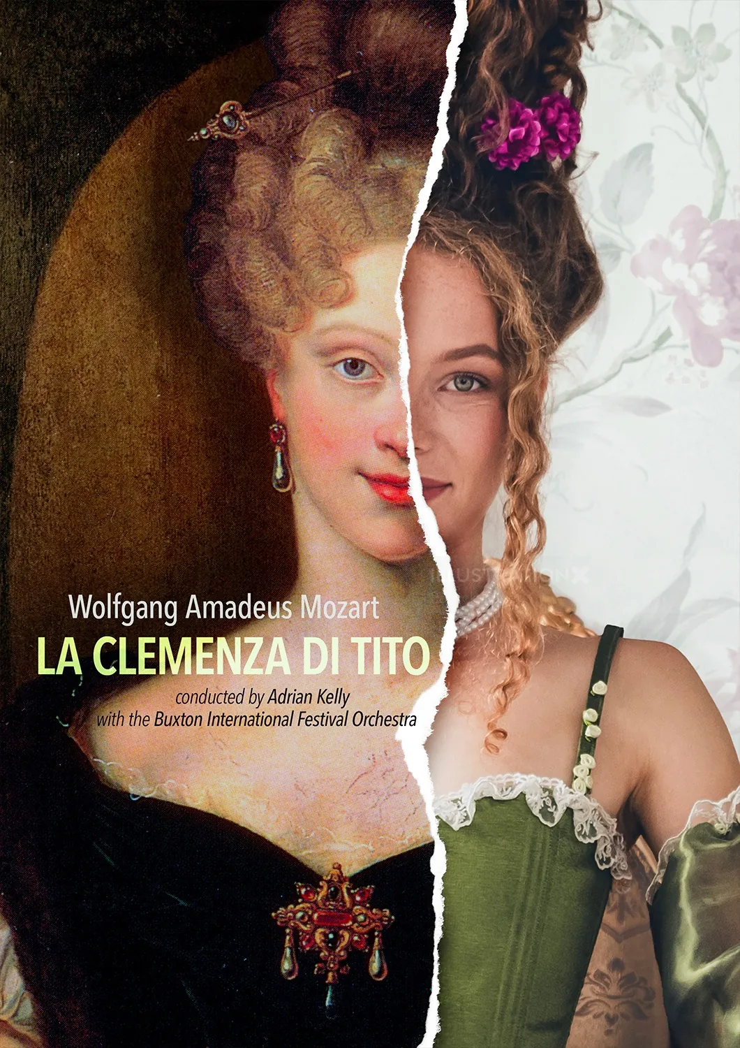 Imagen dividida de una mujer clásica y una moderna en la portada del álbum La Clemenza di Tito de Patrick Boyer