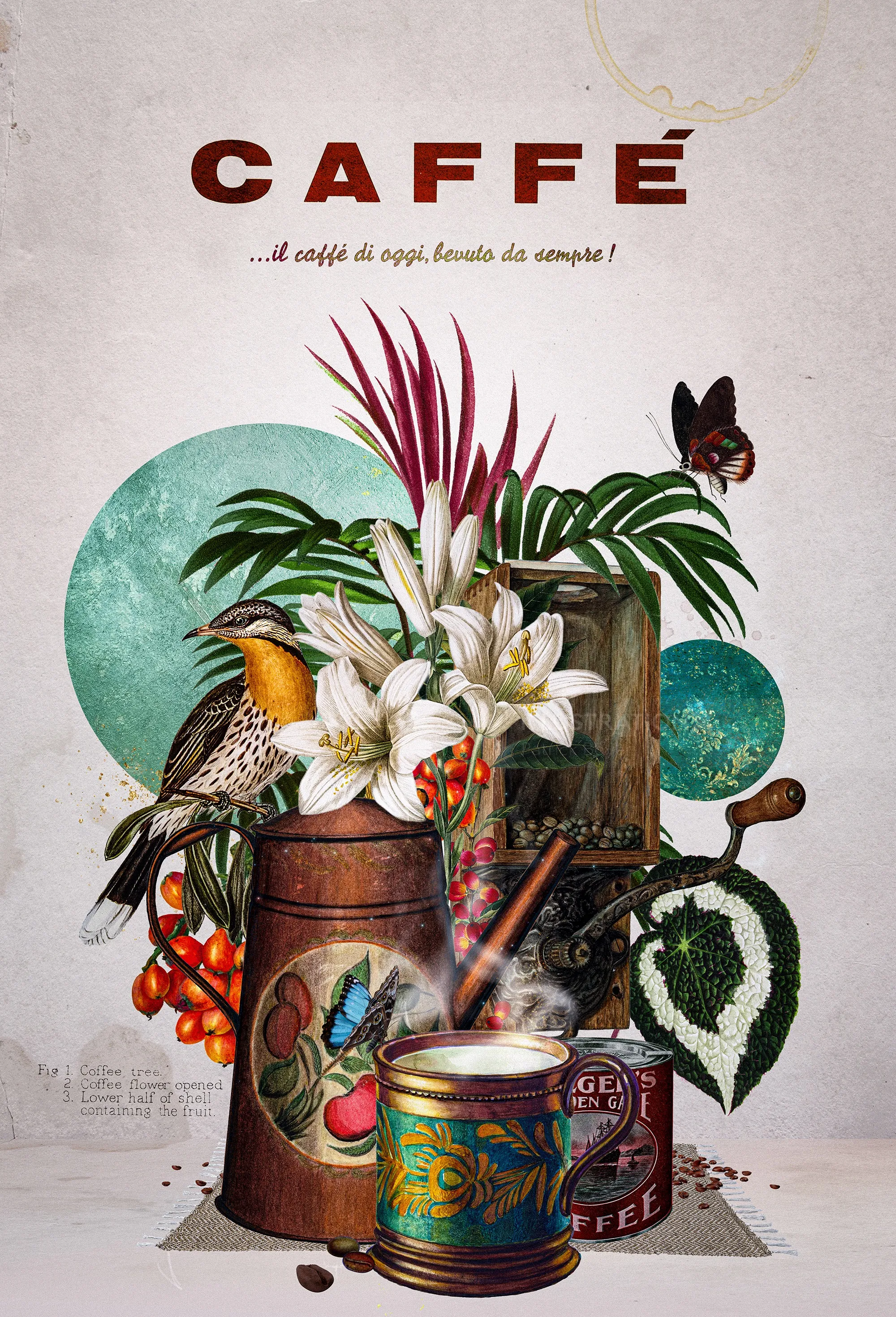 Vintage coffee still life with birds and tropical plants by Patrick Boyer