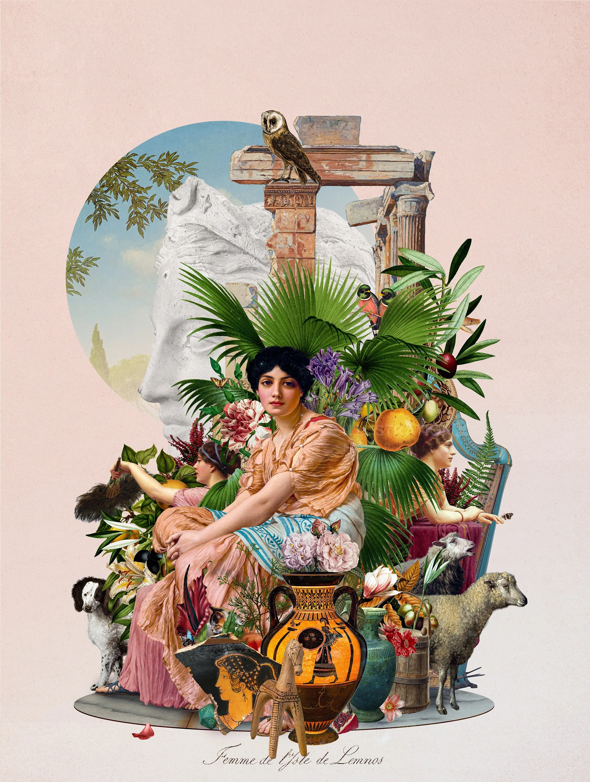 A woman seated among various animals and tropical plants by Patrick Boyer