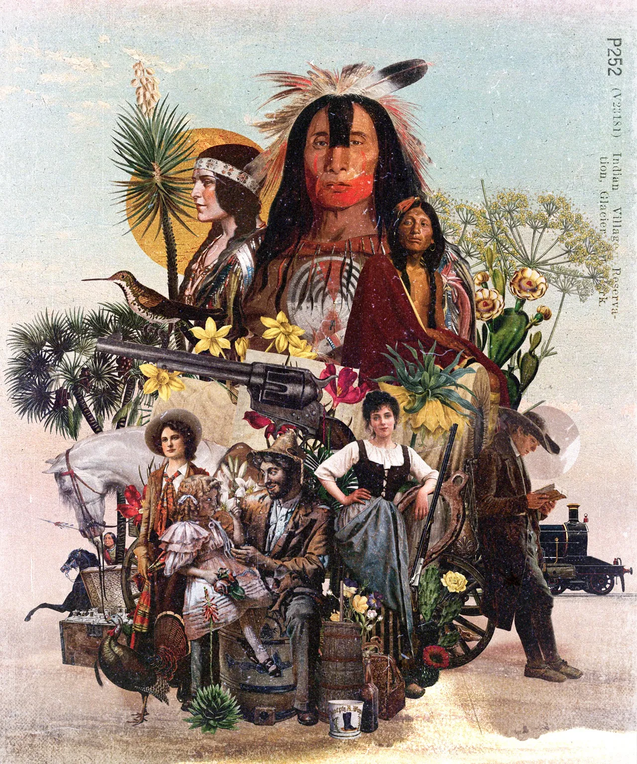 Kunstwerk im Western-Stil von Patrick Boyer mit Darstellungen von Ureinwohnern und Siedlern