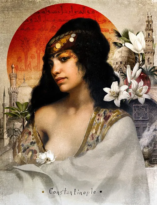 Porträt einer Frau mit Blumen und Stadtansicht von Konstantinopel von Patrick Boyer