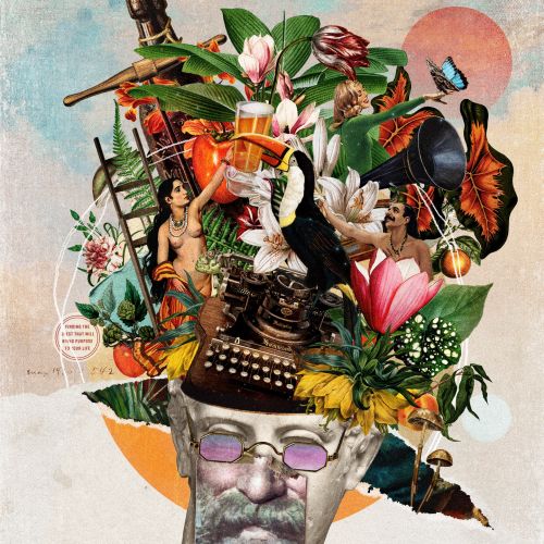 Surreal collage of a man's face with botanical and mechanical elements by Patrick Boyer