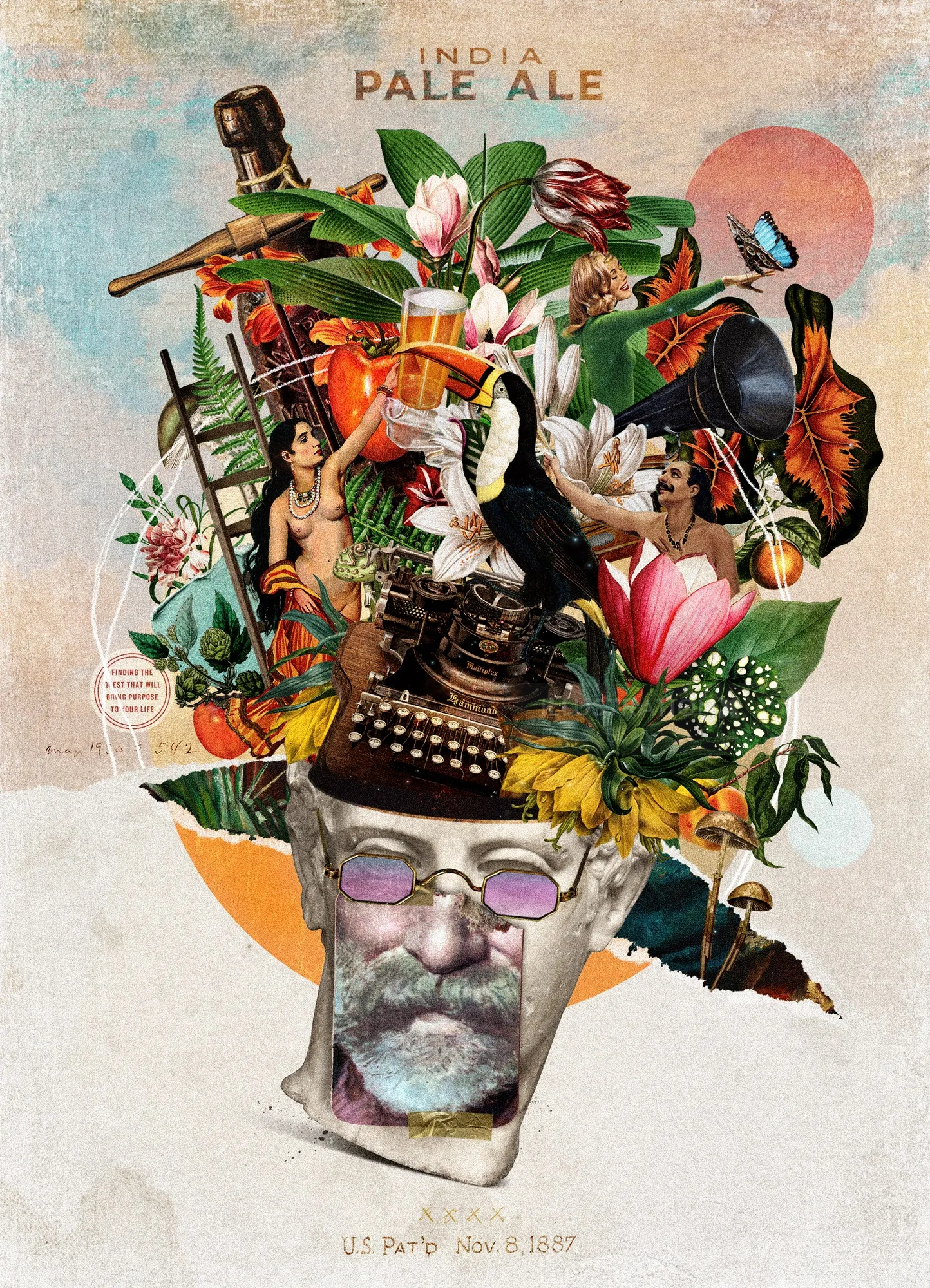 Surreal collage of a man's face with botanical and mechanical elements by Patrick Boyer