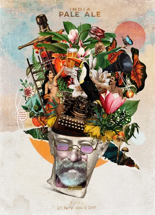 Surreale Collage eines Männergesichts mit botanischen und mechanischen Elementen von Patrick Boyer