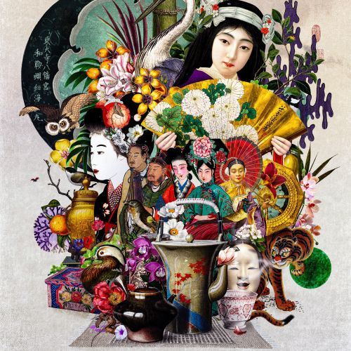 Collage of Asian cultural items and a woman holding a fan by Patrick Boyer