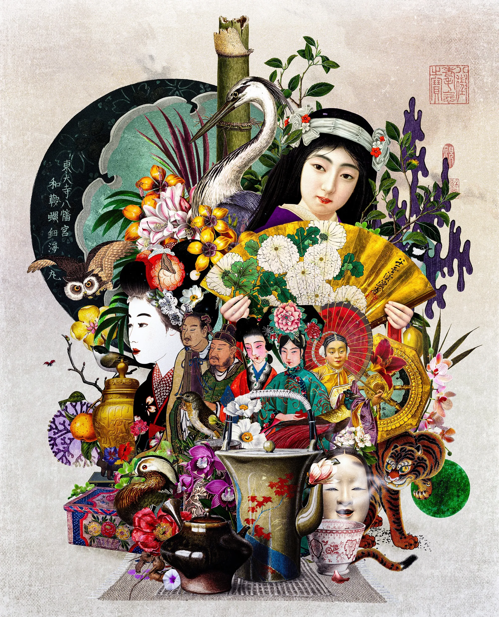 Collage of Asian cultural items and a woman holding a fan by Patrick Boyer