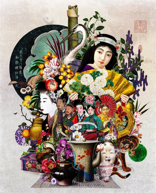 Collage asiatischer Kulturgegenstände und einer Frau mit Fächer von Patrick Boyer