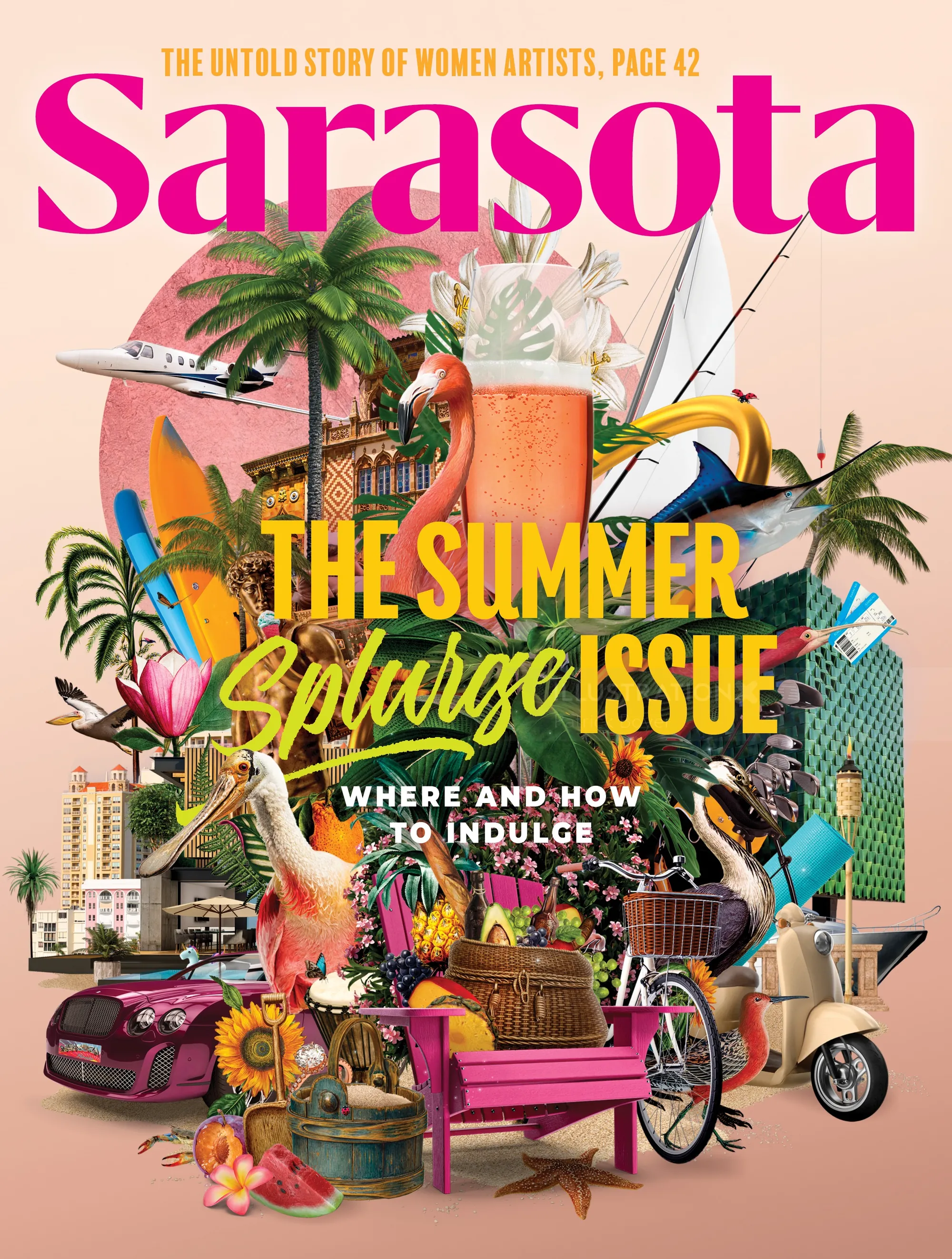 Patrick Boyer's colorful Sarasota Magazine cover featuring a summer lifestyle collage