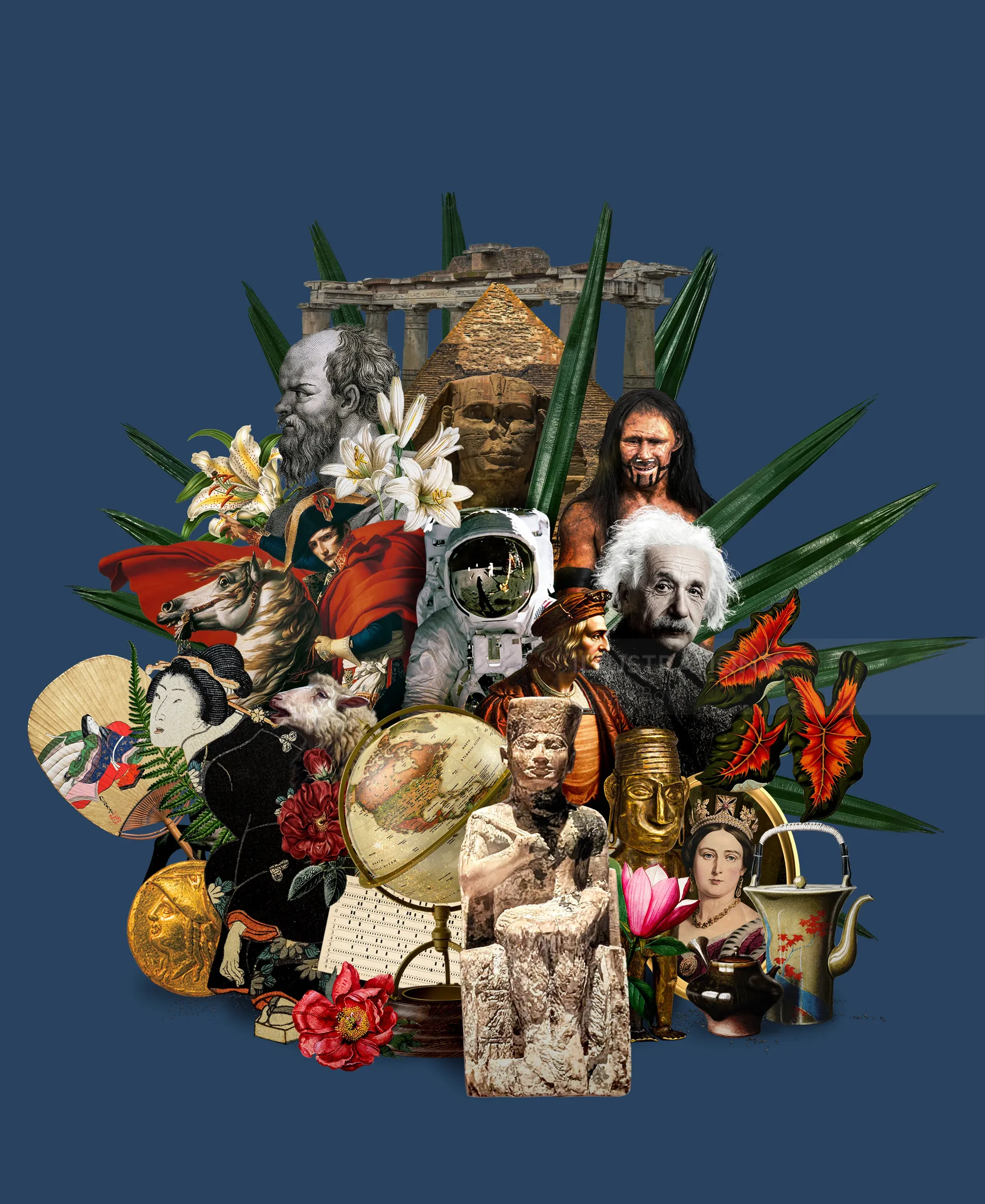 Patrick Boyer's historical collage featuring portraits, artifacts, flowers, and cultural figures
