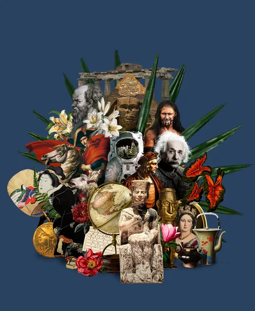 Patrick Boyer's historical collage featuring portraits, artifacts, flowers, and cultural figures