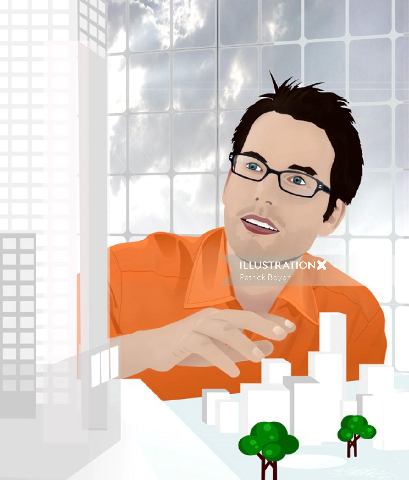 graphical illustration of man portraiture with architectural scene 