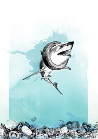 Arte de animales de tiburón con tubo alrededor.
