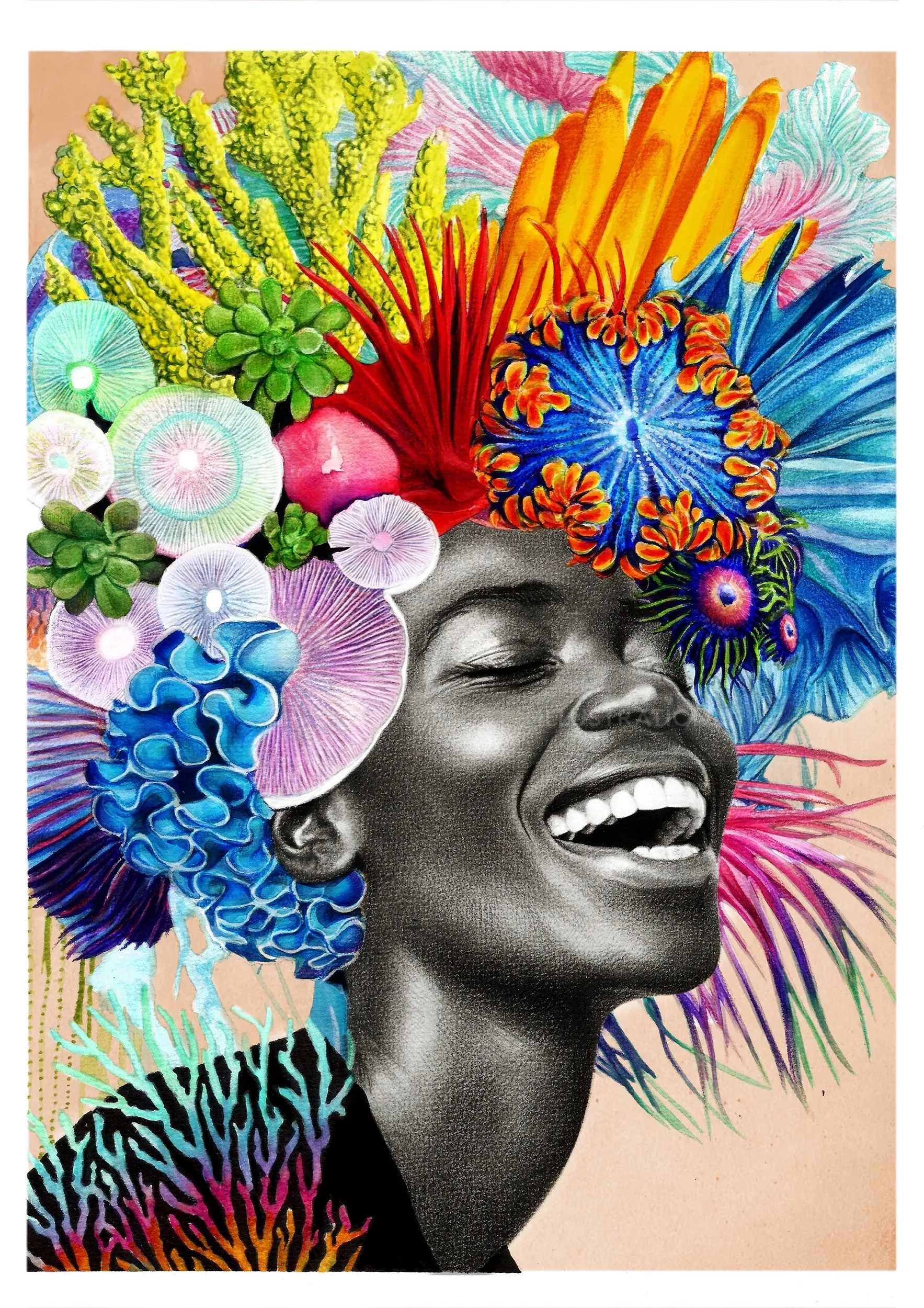 Joyful portrait with colorful floral headdress by Patrick Rosche