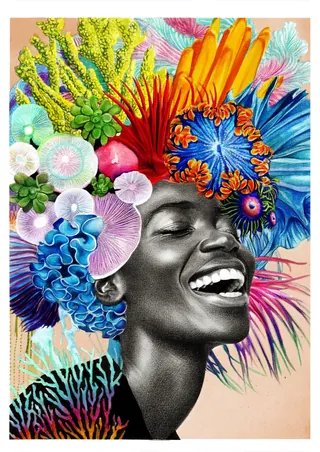 Joyful portrait with colorful floral headdress by Patrick Rosche