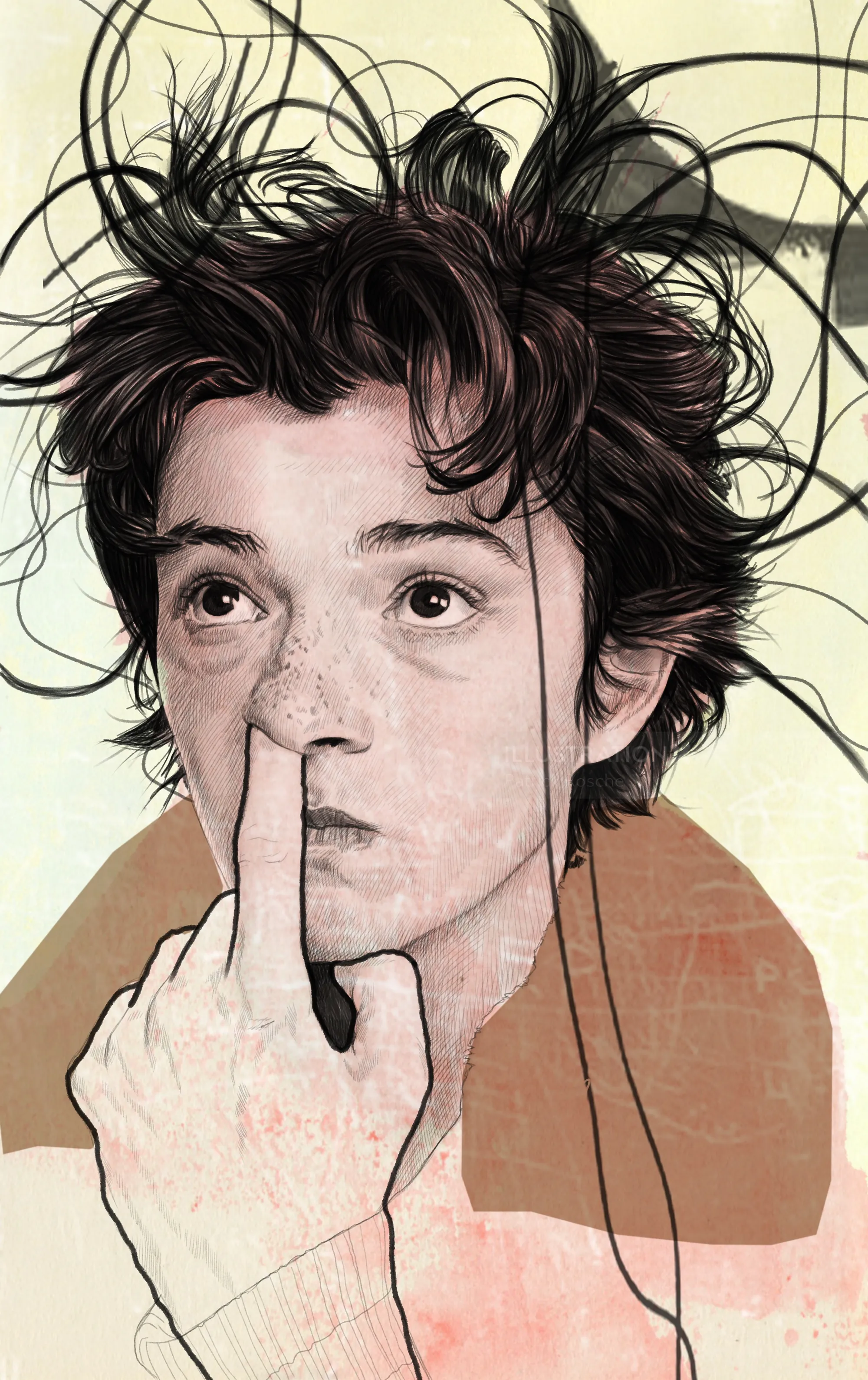 Illustration of young person with messy hair and finger near nose by Patrick Rosche