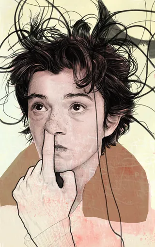 Illustration of young person with messy hair and finger near nose by Patrick Rosche