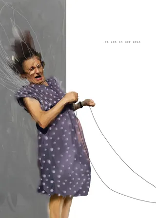 Painting of a woman in a purple polka dot dress holding wires by Patrick Rosche