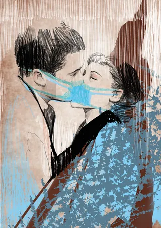 Couple kissing wearing face masks, artwork by Patrick Rosche
