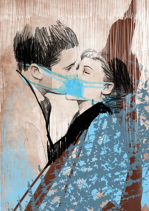 Couple kissing wearing face masks, artwork by Patrick Rosche