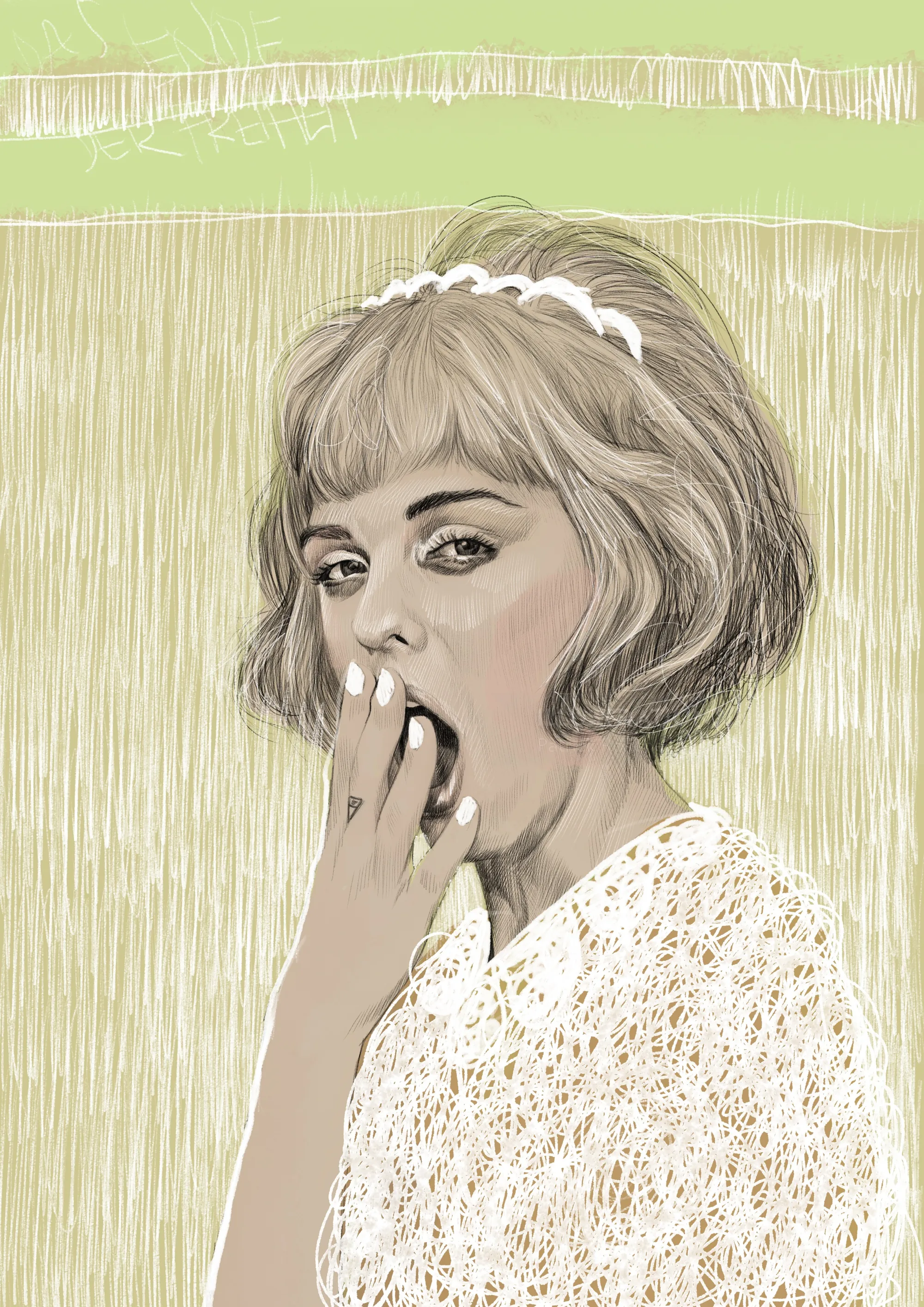 Digital portrait of a yawning woman with short hair by Patrick Rosche