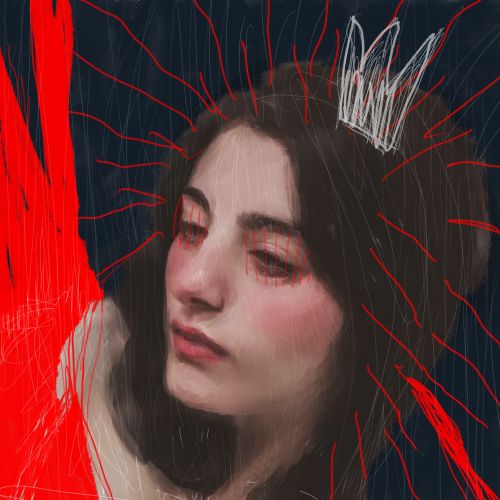 Portrait of a woman with dark hair and white crown against red lines