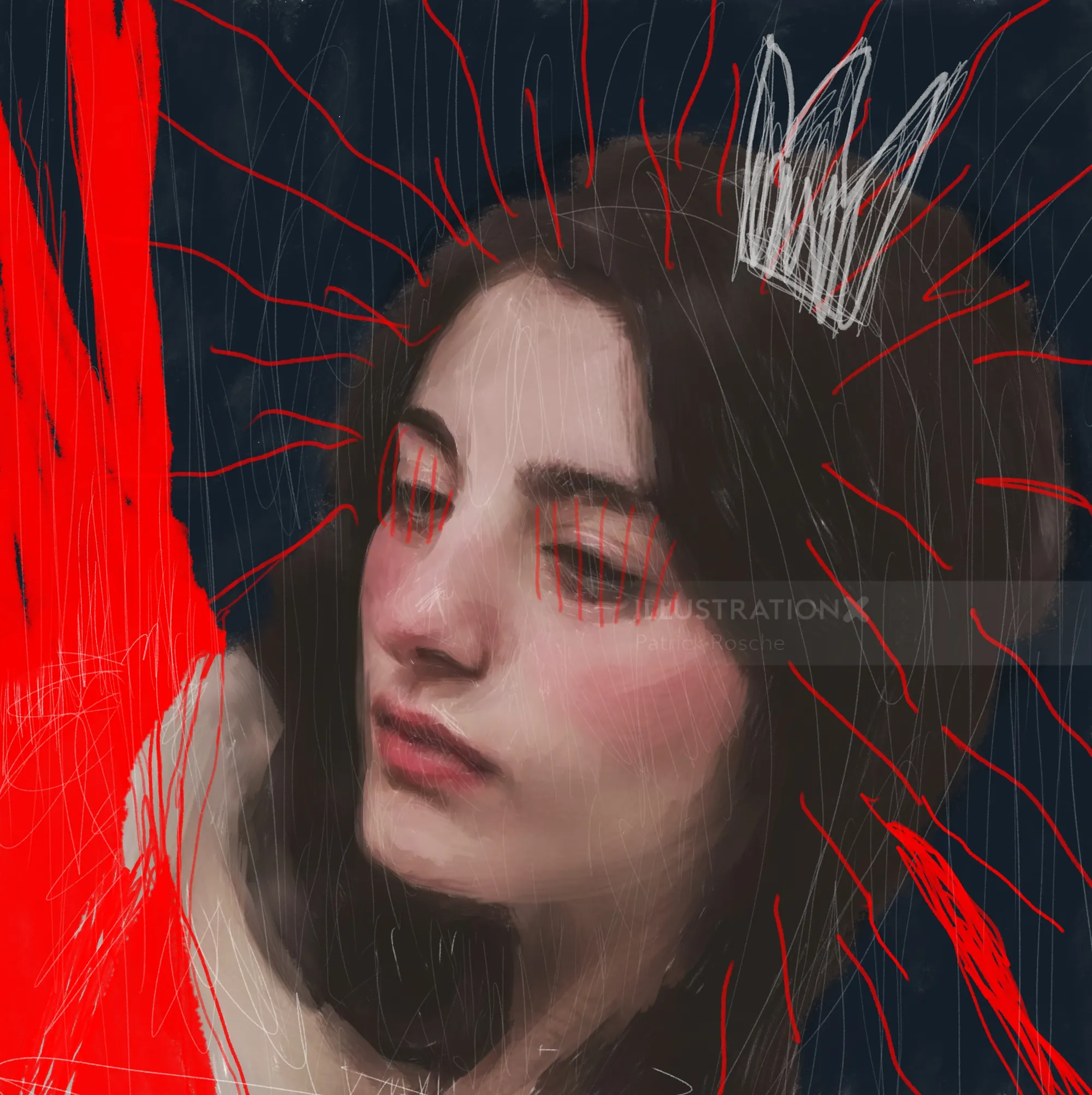 Portrait of a woman with dark hair and white crown against red lines
