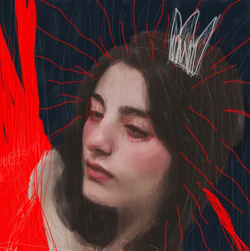 Portrait of a woman with dark hair and white crown against red lines