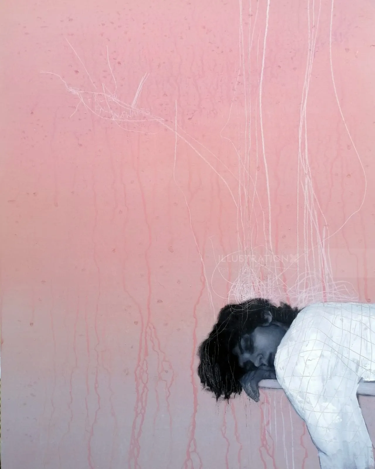 Person resting head on pink textured wall