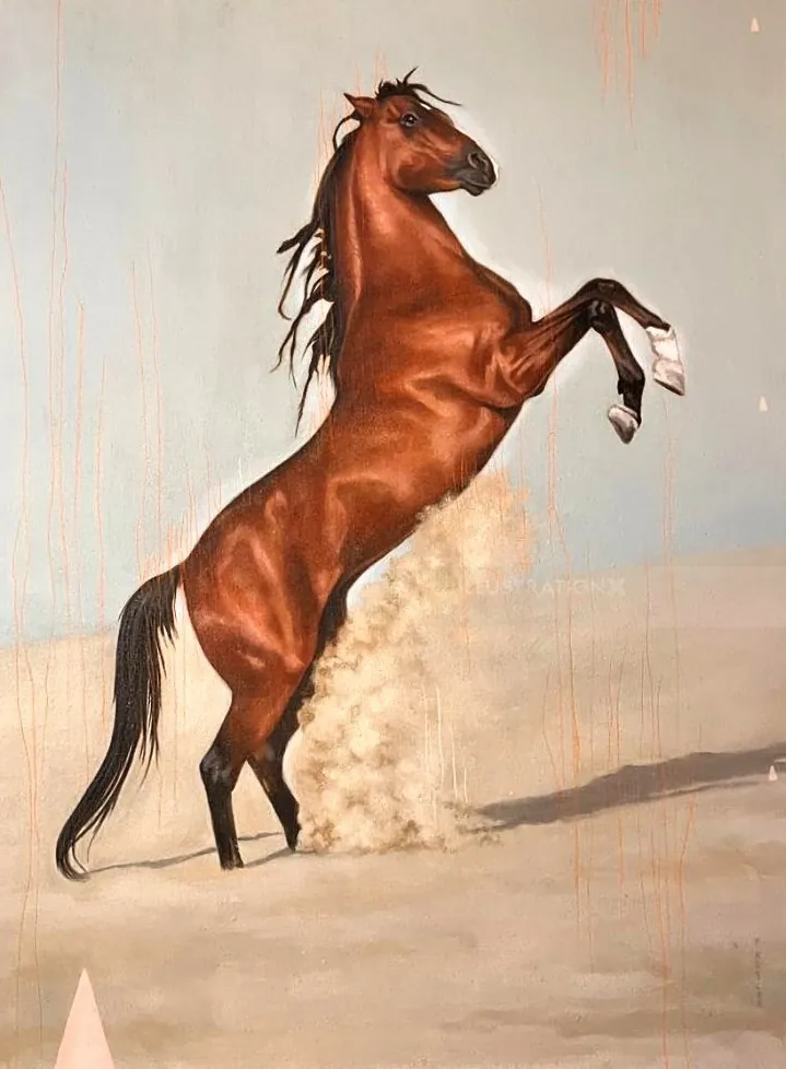 Brown horse standing on hind legs with dust around hooves