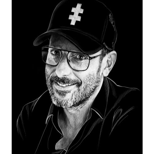 Black and white portrait of man in glasses and cap with cross symbol