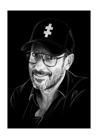 Black and white portrait of man in glasses and cap with cross symbol