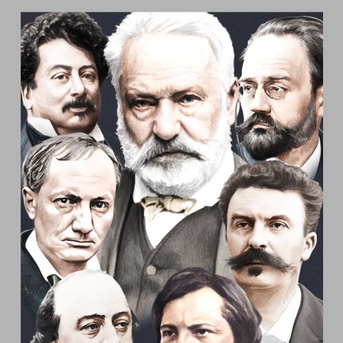 Collage of seven renowned classical composers' portraits.
