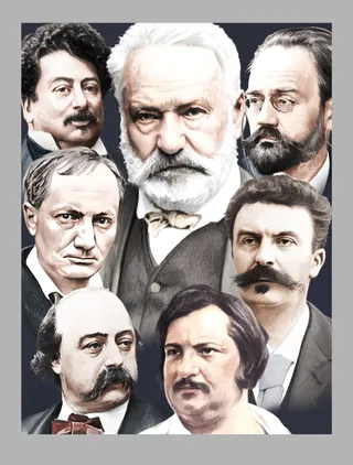 Collage of seven renowned classical composers' portraits.