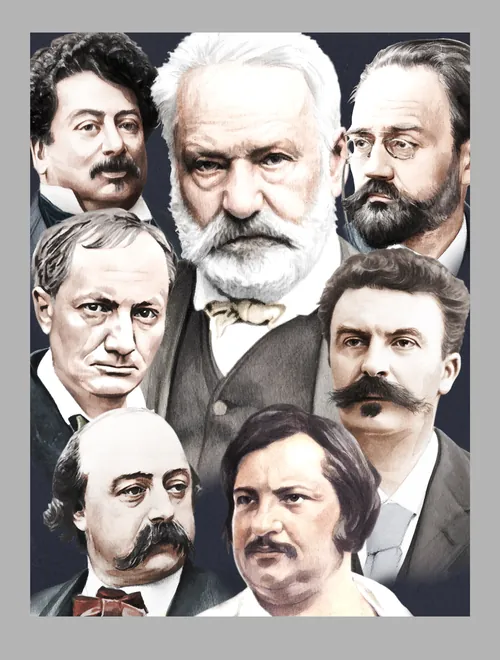 Collage of seven renowned classical composers' portraits.