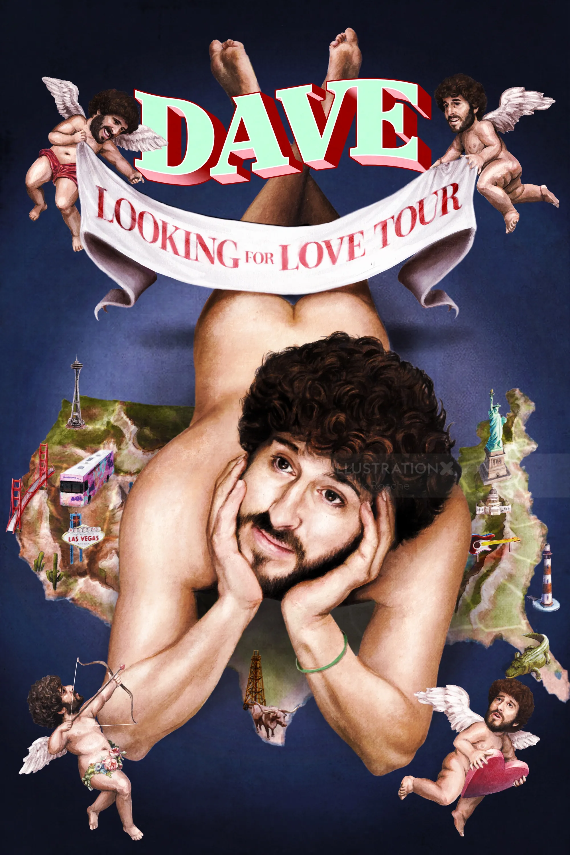 Dave's Looking for Love Tour poster with cherubs and scenic background