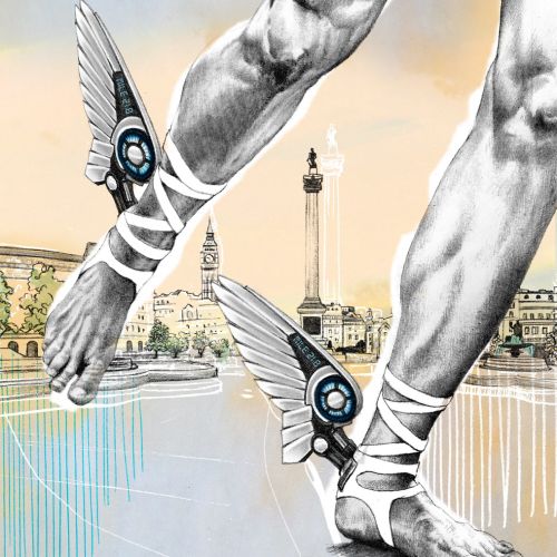 Muscular legs with mechanical wings on ankles near city riverside