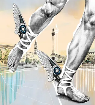 Muscular legs with mechanical wings on ankles near city riverside