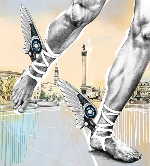 Muscular legs with mechanical wings on ankles near city riverside