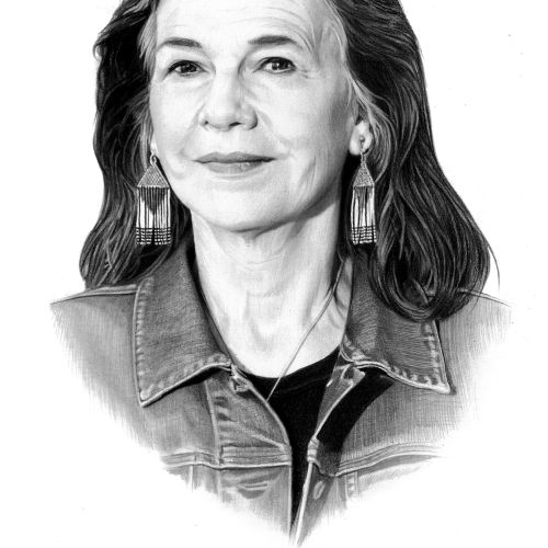 Portrait sketch of a middle-aged woman with earrings and denim jacket