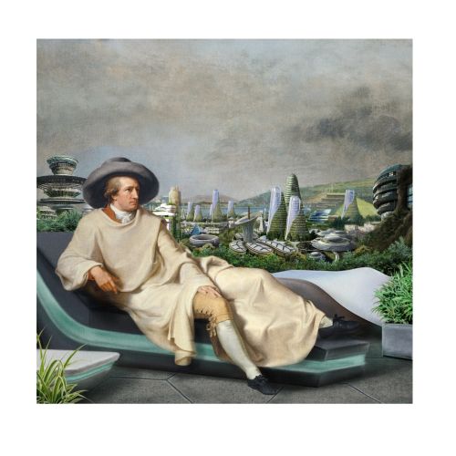 Person in historical clothing reclining with futuristic towers and greenery