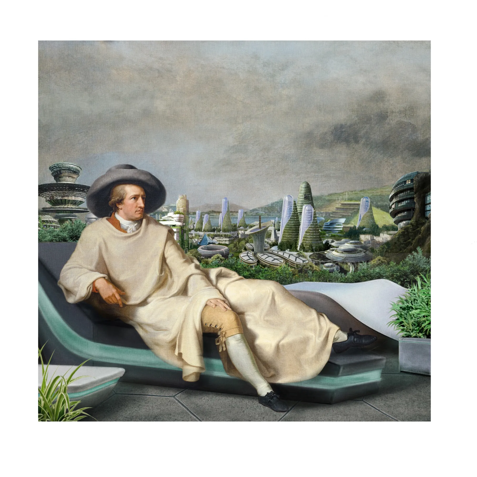 Person in historical clothing reclining with futuristic towers and greenery